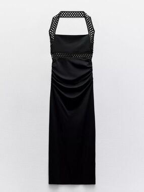 NWT Zara Black Halter Midi Dress Lattice Trim - Size S